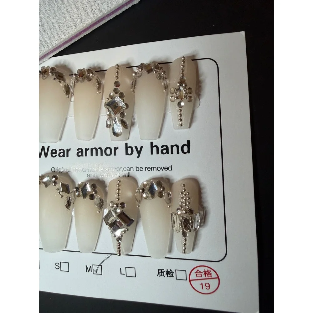 Handmade White Ombre Rhinestone Press On Nails Coffin Shape Size M Bling Glam